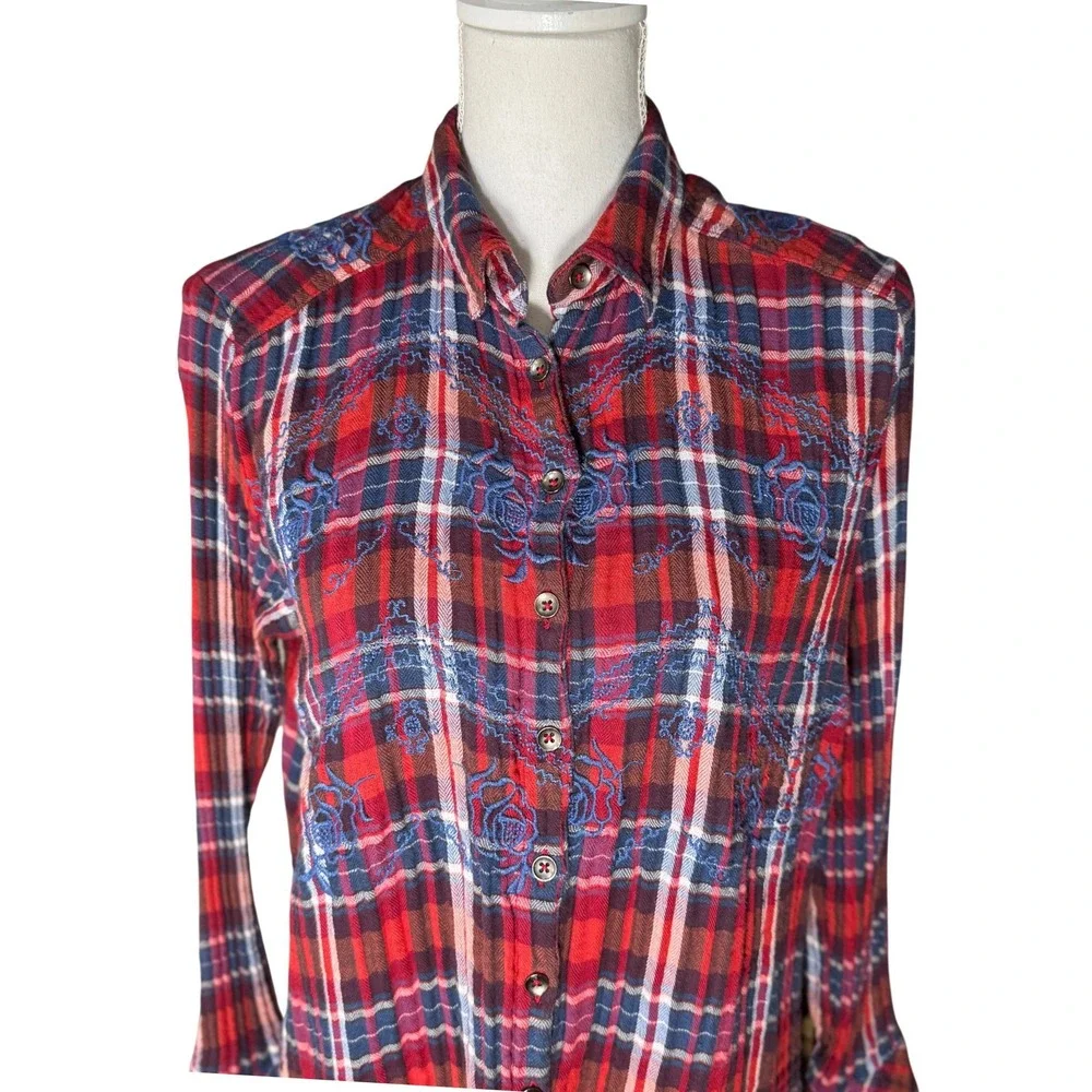 Free People Magical Plaid Embroidered Floral Button Down Shirt Small Flannel GUC